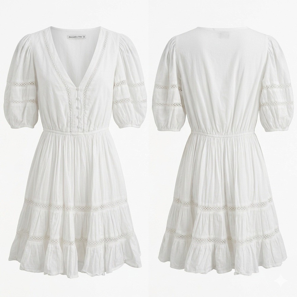 Abercrombie & Fitch White Tiered V-Neck Puff Sleeve Dress